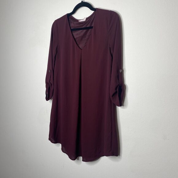 Lush Inverted Pleat V-Neck Plum Drapey Shirt Tail Dress 3/4 Tab Sleeves XS - Picture 6 of 11